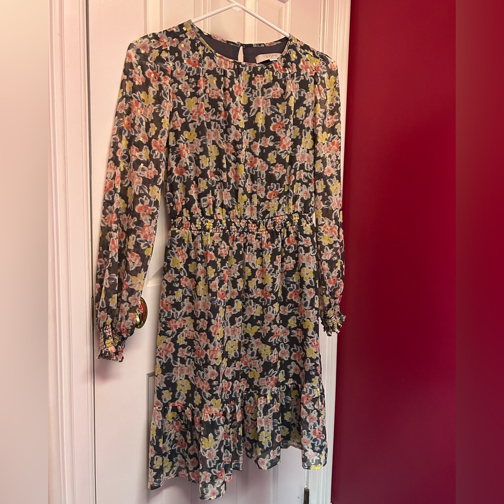 LOFT Floral Long Sleeve Dress with Gold Details